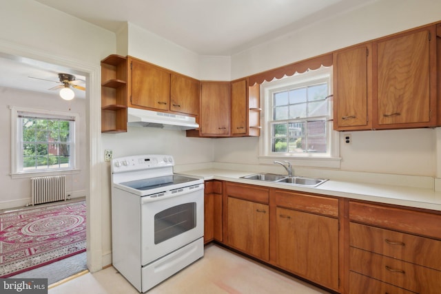 kitchen with electric range, open shelves, a sink, radiator, and under cabinet range hood