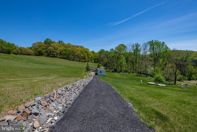 view of property's community featuring a yard and a wooded view