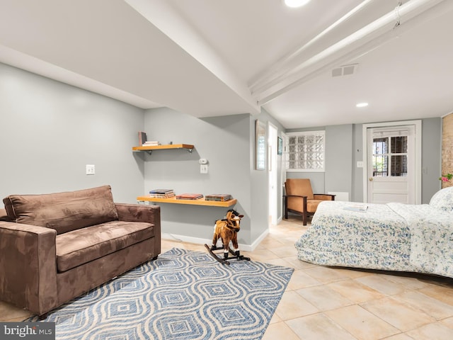 bedroom featuring visible vents, recessed lighting, baseboards, and light tile patterned flooring