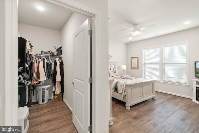 bedroom featuring a closet, wood finished floors, baseboards, a walk in closet, and recessed lighting