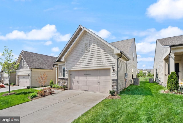 view of front facade featuring a garage, a front lawn, central AC unit, a shingled roof, and concrete driveway