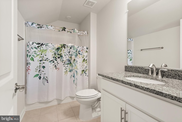 full bathroom with tile patterned flooring, vanity, toilet, shower / bathtub combination with curtain, and visible vents