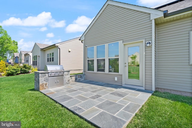 back of house featuring a lawn, exterior kitchen, and a patio