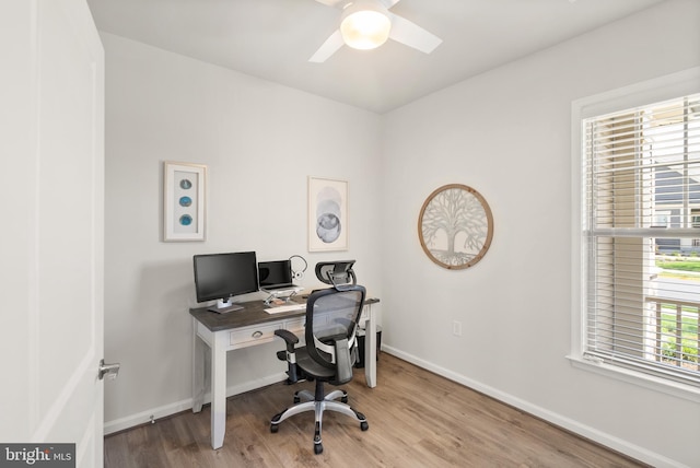 office featuring baseboards, ceiling fan, and wood finished floors