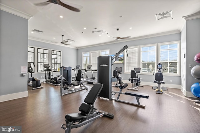 exercise room with crown molding, ceiling fan, and wood finished floors