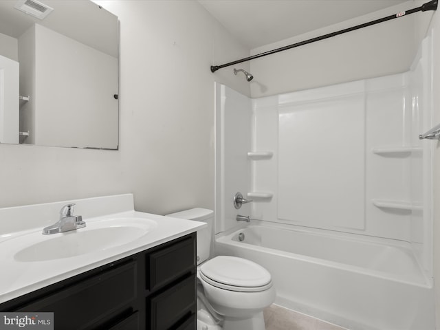 full bath featuring visible vents, vanity, toilet, washtub / shower combination, and tile patterned floors