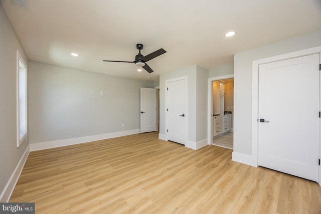 unfurnished bedroom featuring baseboards, recessed lighting, light wood-style flooring, and visible vents