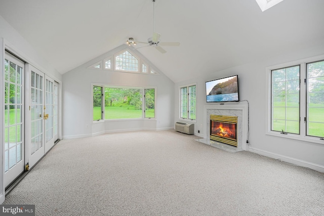 12405 Ellen Ct, Silver Spring, MD 20904 - unfurnished living room featuring a fireplace, carpet floors, healthy amount of natural light, and vaulted ceiling