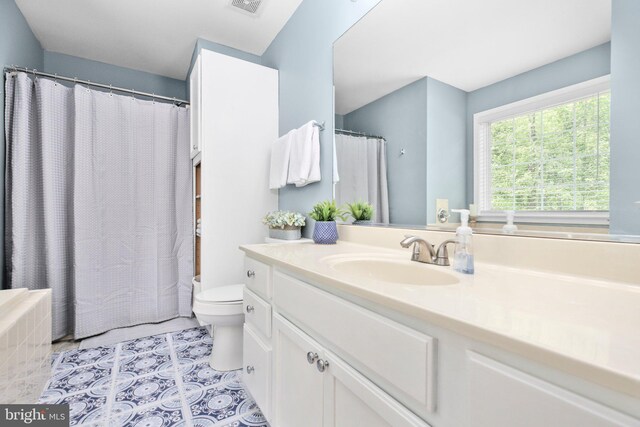 bathroom featuring vanity, radiator, curtained shower, and toilet