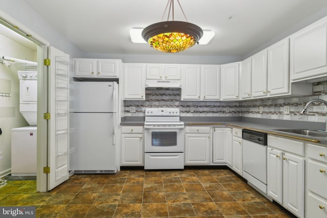 2013 Rudy Serra Dr Unit 2D, Eldersburg, MD 21784 - kitchen with white appliances, a sink, stacked washer / dryer, under cabinet range hood, and backsplash