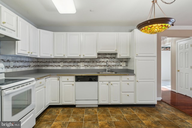2013 Rudy Serra Dr Unit 2D, Eldersburg, MD 21784 - kitchen with white appliances, under cabinet range hood, a sink, decorative backsplash, and stone finish flooring