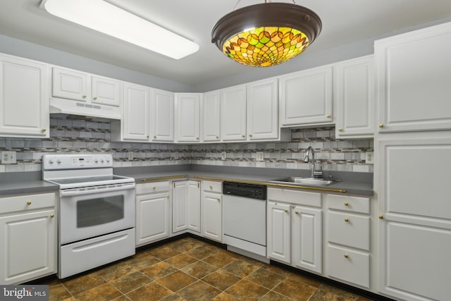 2013 Rudy Serra Dr Unit 2D, Eldersburg, MD 21784 - kitchen featuring white appliances, under cabinet range hood, a sink, and decorative backsplash