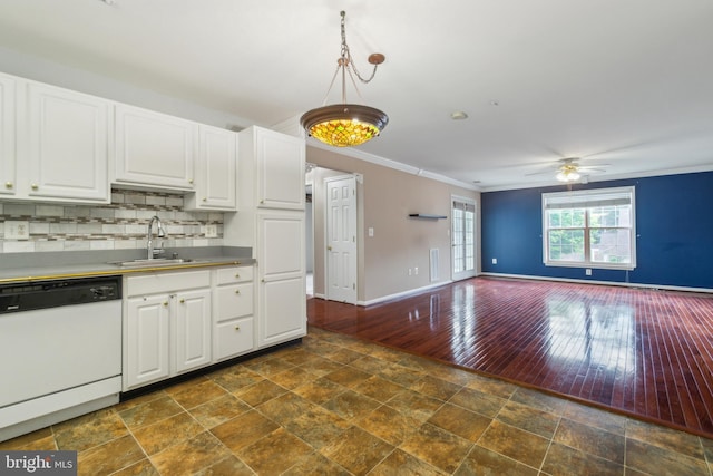 2013 Rudy Serra Dr Unit 2D, Eldersburg, MD 21784 - kitchen with dishwasher, a sink, baseboards, crown molding, and a ceiling fan