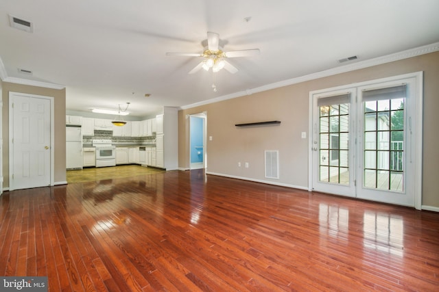 2013 Rudy Serra Dr Unit 2D, Eldersburg, MD 21784 - unfurnished living room with a ceiling fan, hardwood / wood-style flooring, crown molding, and baseboards
