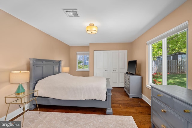 bedroom featuring baseboards, multiple windows, dark wood-type flooring, and a closet