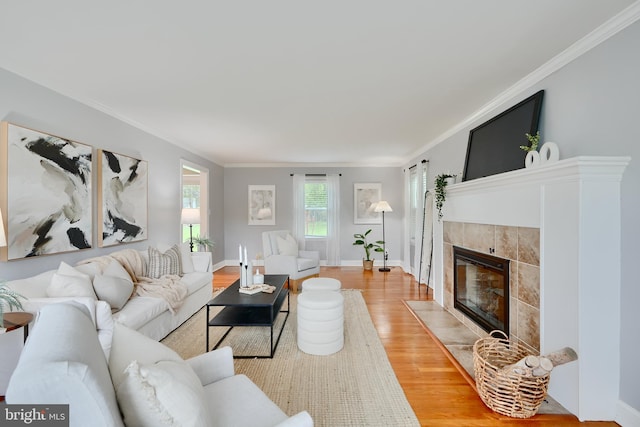 4255 Darleigh Rd, Baltimore, MD 21236 - living area featuring light wood-style floors, a tiled fireplace, ornamental molding, and baseboards