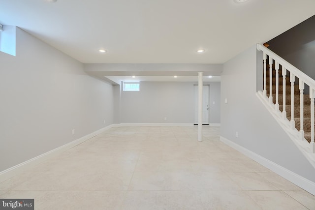 4255 Darleigh Rd, Baltimore, MD 21236 - below grade area featuring stairway, recessed lighting, baseboards, and light tile patterned floors