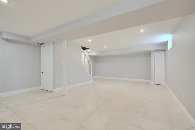 4255 Darleigh Rd, Baltimore, MD 21236 - finished below grade area featuring stairway, recessed lighting, baseboards, and light tile patterned flooring