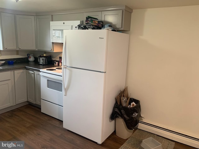 145 Grove St, Howard, PA 16841 - kitchen with dark wood finished floors, dark countertops, a baseboard radiator, and white appliances
