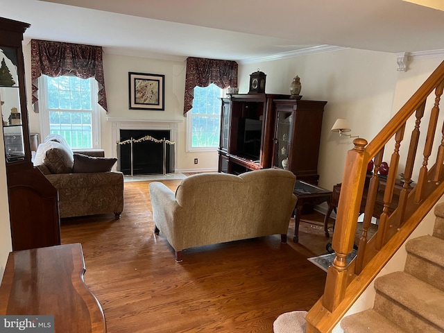 living room with crown molding, a wealth of natural light, wood finished floors, and stairway