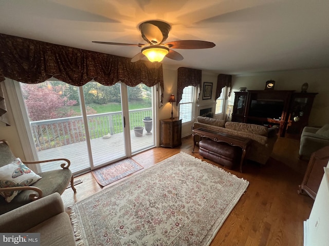 living room featuring a ceiling fan and wood finished floors