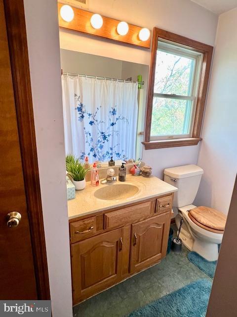 bathroom featuring vanity, toilet, and a shower with curtain