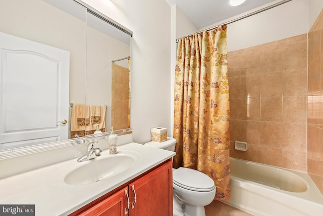 full bath with toilet, tile patterned floors, shower / bath combination with curtain, and vanity