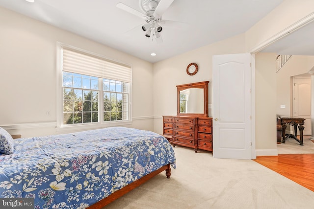 carpeted bedroom with recessed lighting, ceiling fan, and baseboards