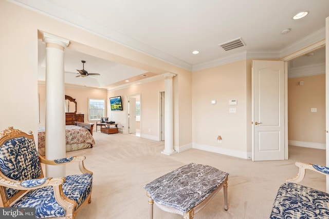 43112 Unison Knoll Cir, Ashburn, VA 20148 - living room featuring decorative columns, light carpet, ornamental molding, and visible vents