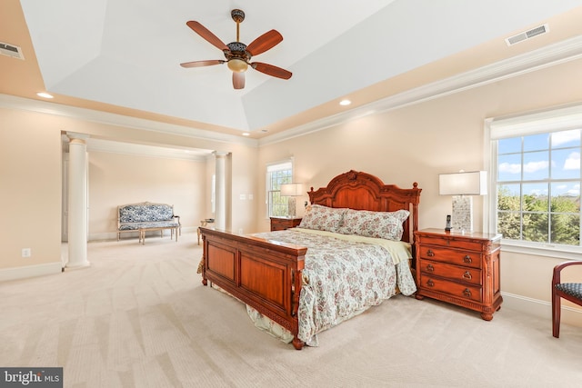 43112 Unison Knoll Cir, Ashburn, VA 20148 - bedroom with crown molding, light colored carpet, and visible vents