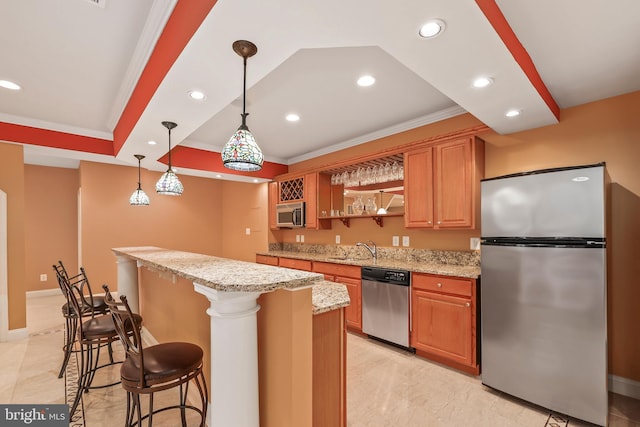 43112 Unison Knoll Cir, Ashburn, VA 20148 - kitchen with a center island, ornamental molding, appliances with stainless steel finishes, and recessed lighting