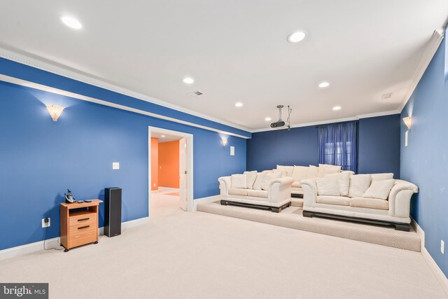 43112 Unison Knoll Cir, Ashburn, VA 20148 - carpeted living room featuring baseboards, ornamental molding, and recessed lighting