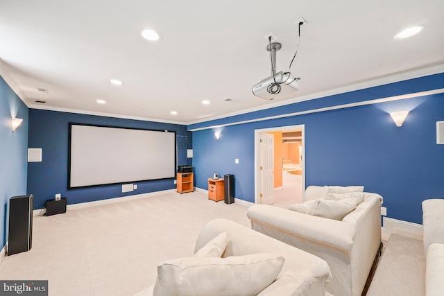 carpeted home theater with baseboards, ornamental molding, and recessed lighting