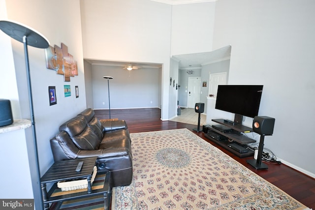 4501 Talcott Ter Unit Q, Perry Hall, MD 21128 - living area featuring baseboards, crown molding, ceiling fan, and wood finished floors