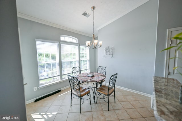 4501 Talcott Ter Unit Q, Perry Hall, MD 21128 - dining area with crown molding, lofted ceiling, visible vents, and an inviting chandelier
