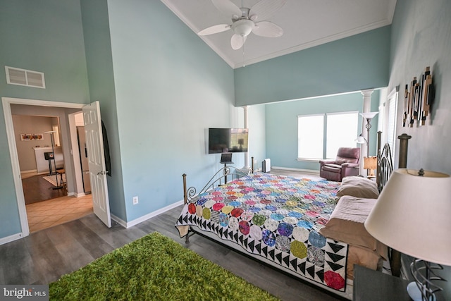 4501 Talcott Ter Unit Q, Perry Hall, MD 21128 - bedroom with visible vents, ornamental molding, wood finished floors, and high vaulted ceiling
