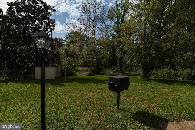 view of property's community featuring a lawn, an outdoor structure, and a storage shed