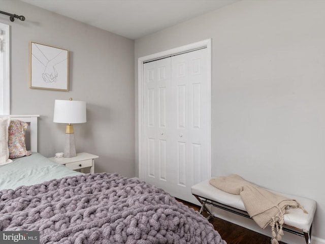 bedroom featuring wood finished floors and a closet