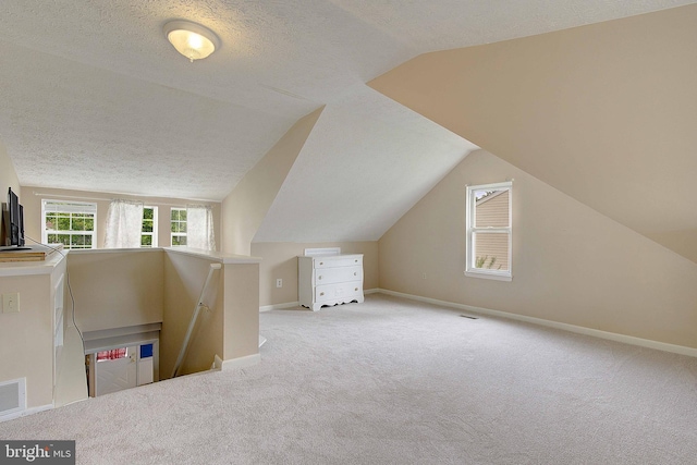 807 Riverside Dr, Pasadena, MD 21122 - additional living space featuring a textured ceiling, carpet, lofted ceiling, and baseboards