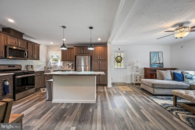 kitchen with a center island, stainless steel appliances, open floor plan, a ceiling fan, and dark wood-style floors