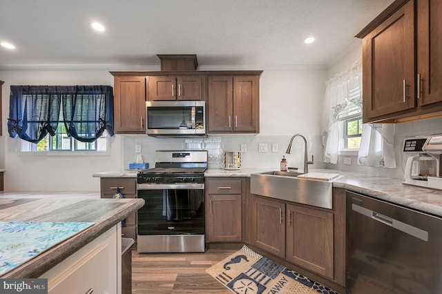 kitchen with appliances with stainless steel finishes, a sink, light countertops, light wood-type flooring, and tasteful backsplash