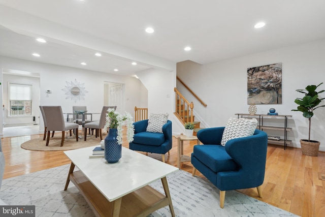 5439 Grove Ridge Way Unit 112, Rockville, MD 20852 - living area featuring recessed lighting, light wood-style flooring, stairway, and baseboards