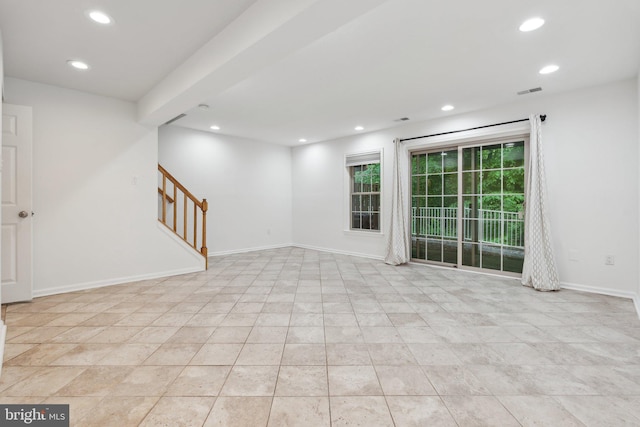 5439 Grove Ridge Way Unit 112, Rockville, MD 20852 - empty room featuring recessed lighting, stairs, baseboards, and light tile patterned floors