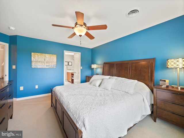 bedroom featuring a ceiling fan, baseboards, visible vents, and light carpet