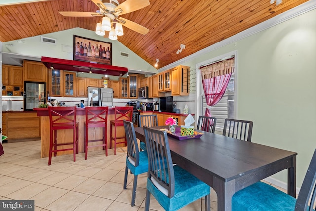 dining space featuring light tile patterned floors, wood ceiling, a ceiling fan, and visible vents