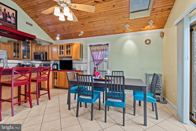 dining room with visible vents, wooden ceiling, a ceiling fan, light tile patterned floors, and vaulted ceiling