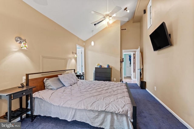 carpeted bedroom featuring baseboards, ceiling fan, and high vaulted ceiling