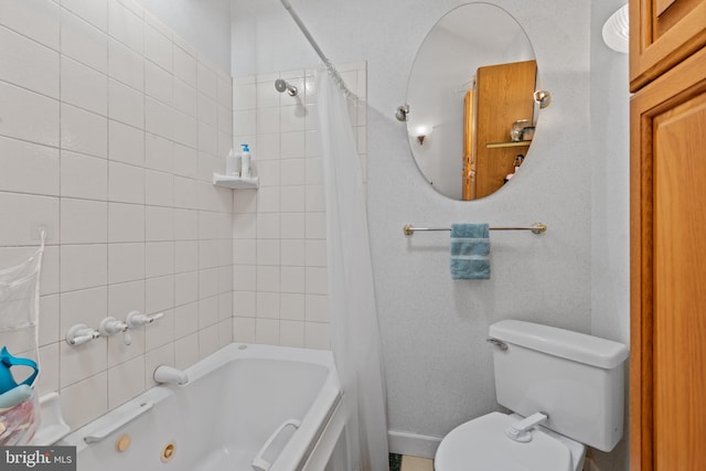full bathroom featuring baseboards, toilet, and shower / tub combo with curtain