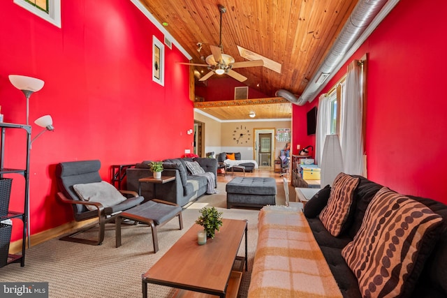 living room with ceiling fan, high vaulted ceiling, carpet, a skylight, and wood ceiling