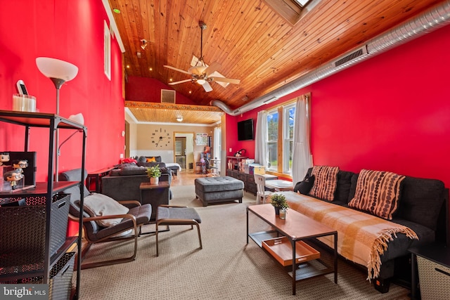 carpeted living area featuring visible vents, a ceiling fan, high vaulted ceiling, and wooden ceiling